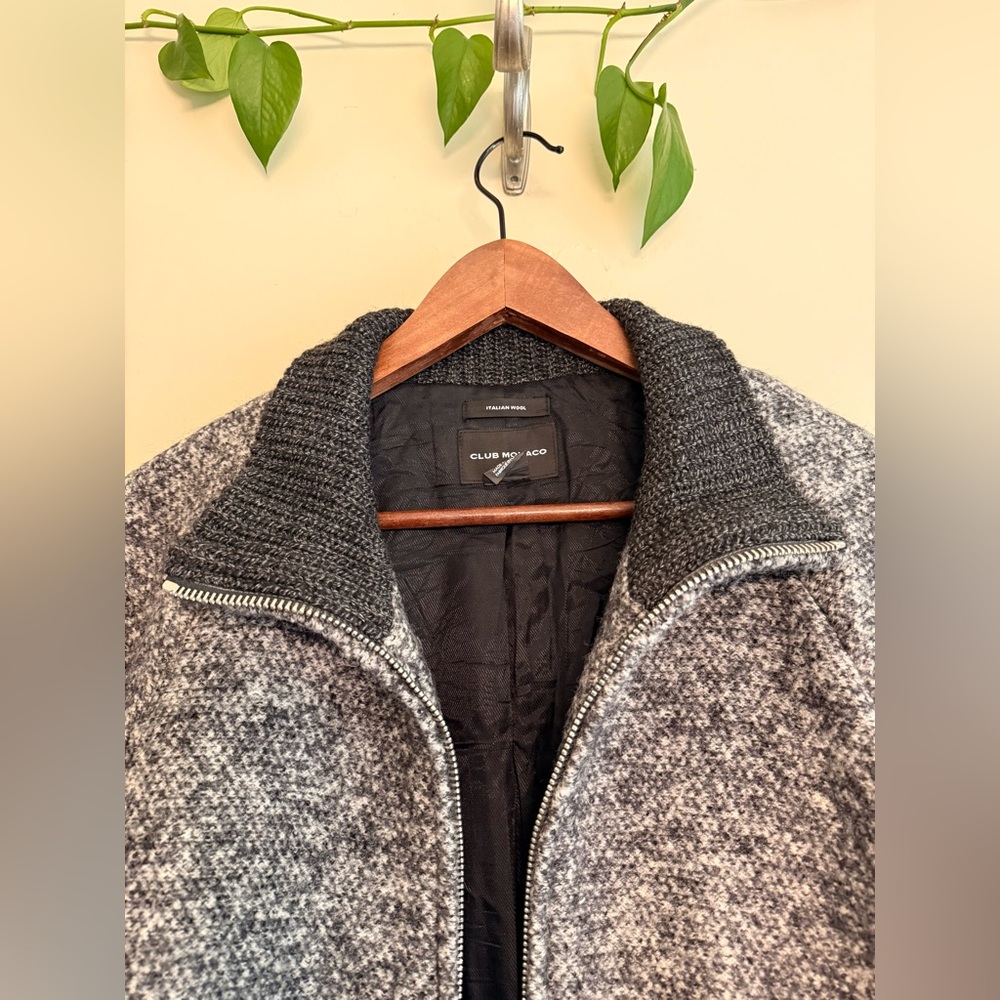 Club Monaco Tweed Wool Gray Marled Zip Up Trim Long Coat Sweater Jacket‎ - Picture 4 of 12